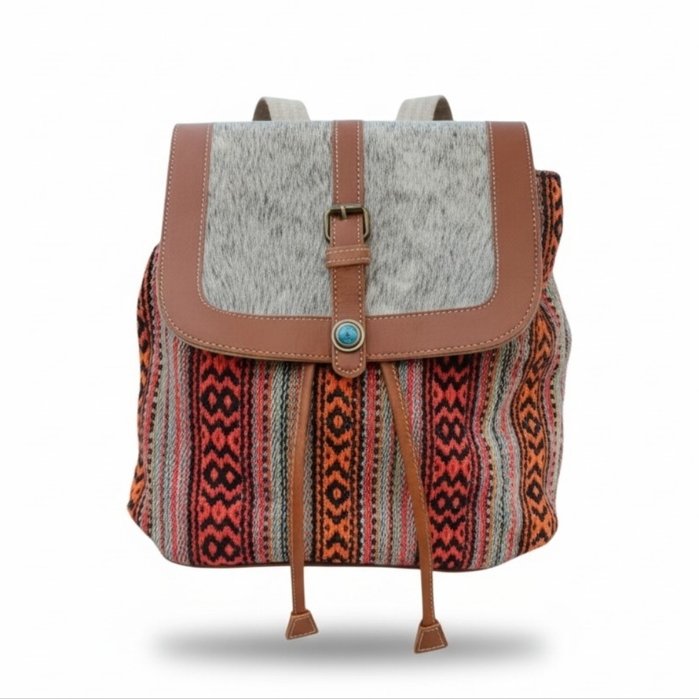 Myra Bag Multicolor Woven Backpack with Brown Leather Trim and Gray Fur Flap
